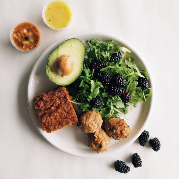Tuesday (12/30): Asian Apple-Salsa Meatballs with Carrot Soufflé and an Arugula, Blackberry and Avocado Salad (Gluten-Free, Dairy Free)