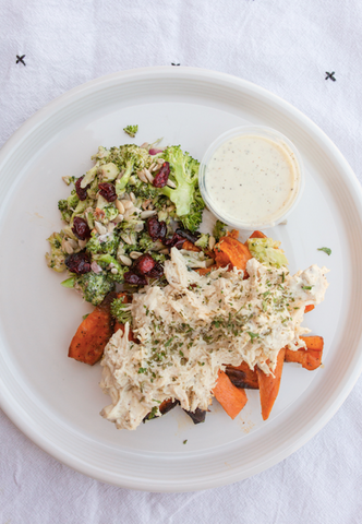 Monday (12/18): Pulled Chicken over Sweet Potato Fries with Alabama White BBQ Sauce and our Famous Broccoli Salad (Paleo, Gluten-Free, Dairy-Free)