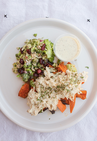 Monday (5/27): Pulled Chicken over Sweet Potato Fries with Alabama White BBQ Sauce and our Famous Broccoli Salad (Gluten-Free, Dairy-Free)