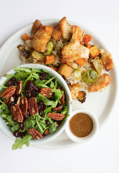Wednesday (9/27): Chicken, Apple, Sweet Potato & Brussels Sprouts Skillet, Brown Rice, and an Arugula Side Salad with Cranberries & Pecans +  Balsamic Vinaigrette (Gluten-Free, Dairy-Free)