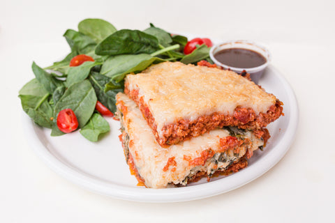 Tuesday (12/19): Sweet Potato Lasagna with a Spinach-Cherry Tomato Salad and Homemade Balsamic Vinaigrette (Paleo, Gluten-Free, SugarNix, Dairy-Free)